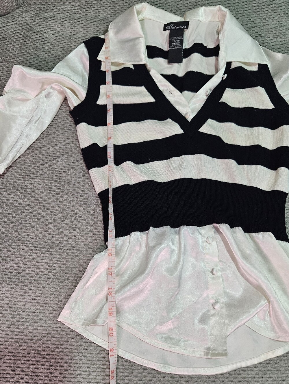 3/$15! Vintage Long Sleeve Top With Attached Striped Overlay, XS - Picture 7 of 8